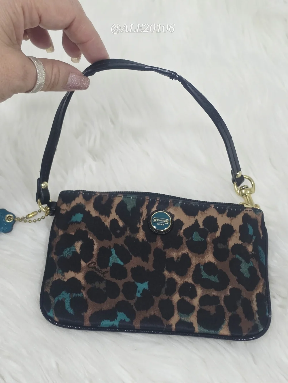 Coach Leopard Print Wristlet Zip Pouch Brown Teal Small Bag